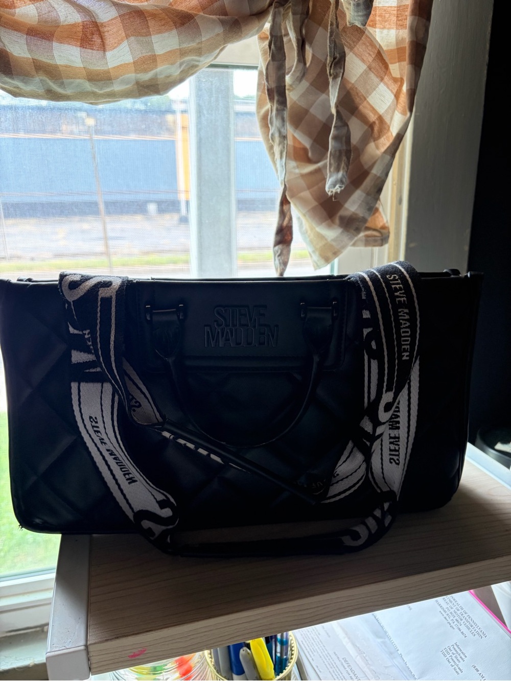 Steve Madden Black Quilted Tote with Logo Strap